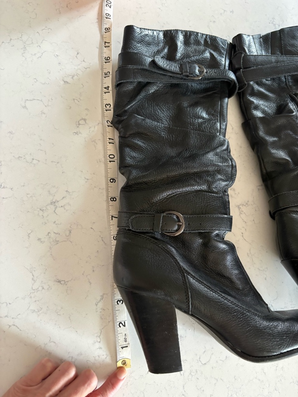 Steve Madden Black Leather Mid-Calf Heeled Boots with Buckle Detail~4 inch heel